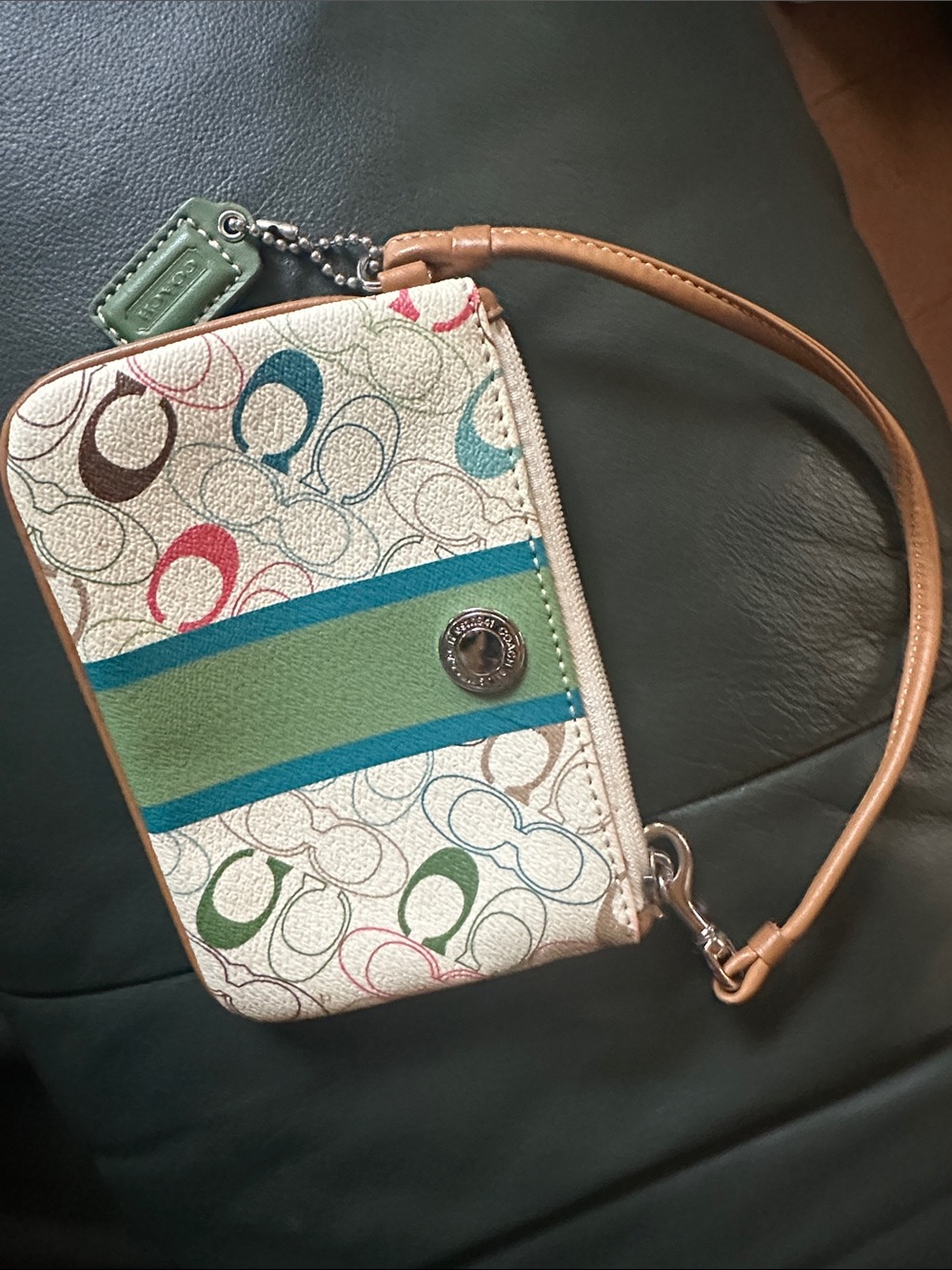 Coach Chelsea Heritage Multicolor Signature Wristlet with Green Stripe and Tan
